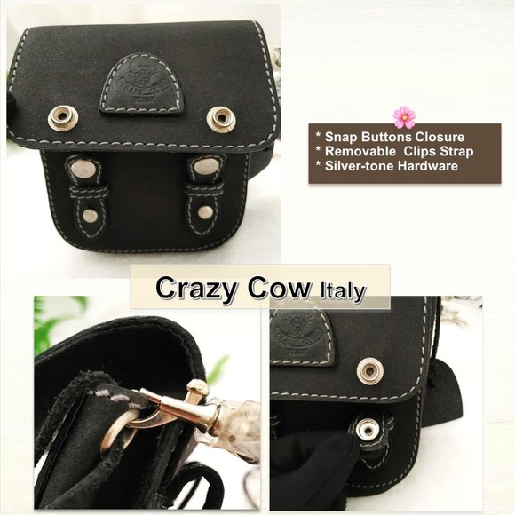 CRAZY COW Italy Unisex Black Genuine Leather Matte Crossbody Purse Belt Bag Flap - Picture 4 of 9